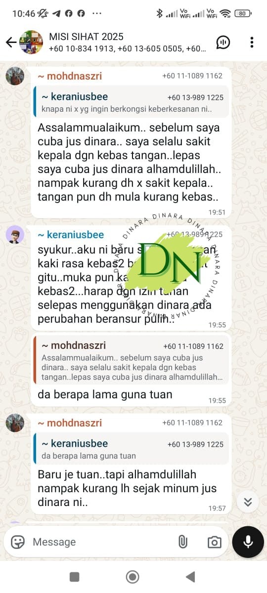 Screenshot feedback pelanggan Dinara berkaitan kebas tangan dan kaki