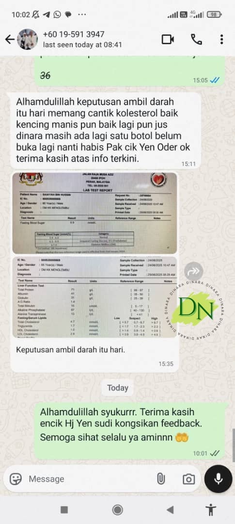 Screenshot feedback pelanggan Dinara berkaitan kolesterol
